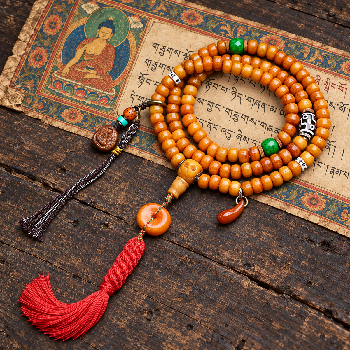 EverestArtstudios Yak Bone 108-Bead Mala in Four Decorative Styles — full product
