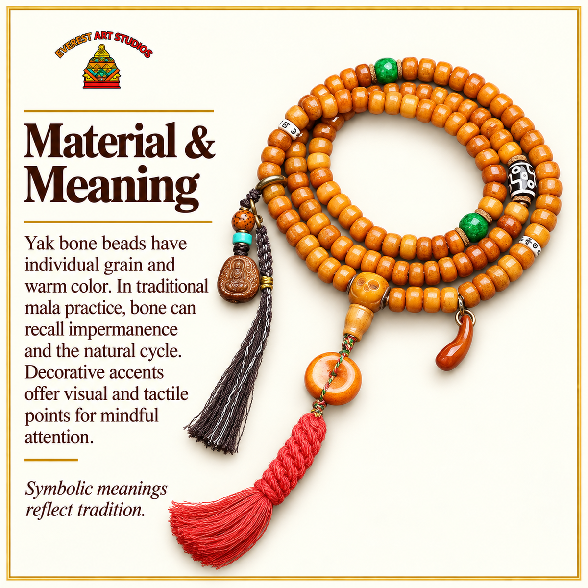 EverestArtstudios Yakknochen-Mala, 108 Perlen, vier Stile – Material und traditionelle Symbolik