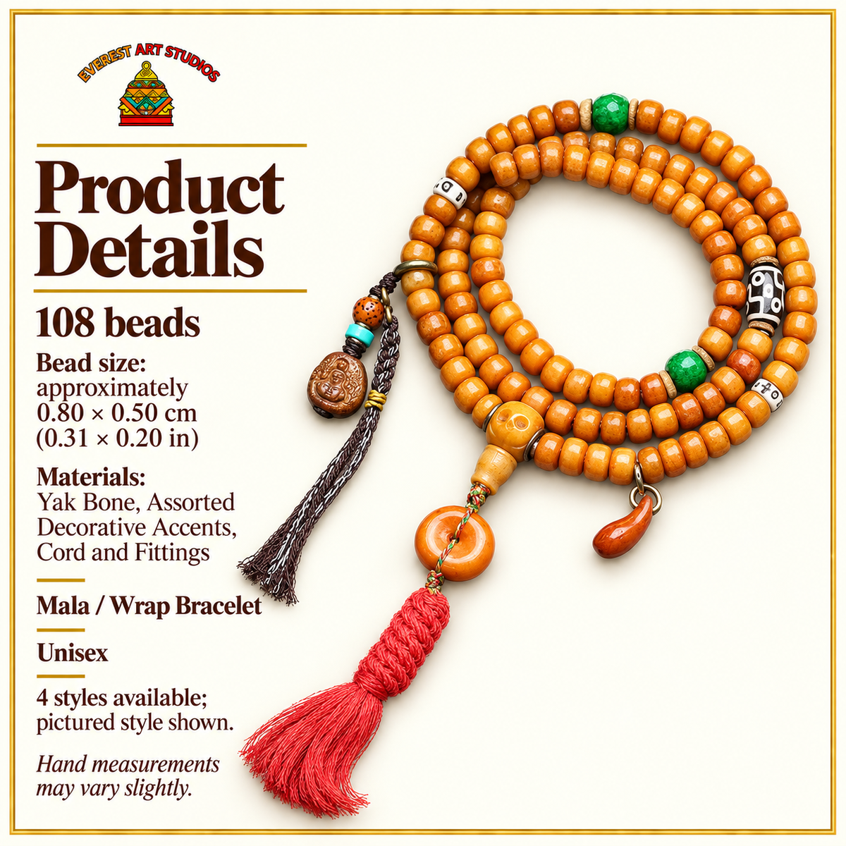 EverestArtstudios Yakknochen-Mala, 108 Perlen, vier Stile