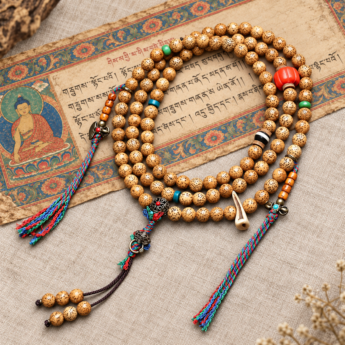 Mala 108 Bodhi Xingyue con coral y hueso yak