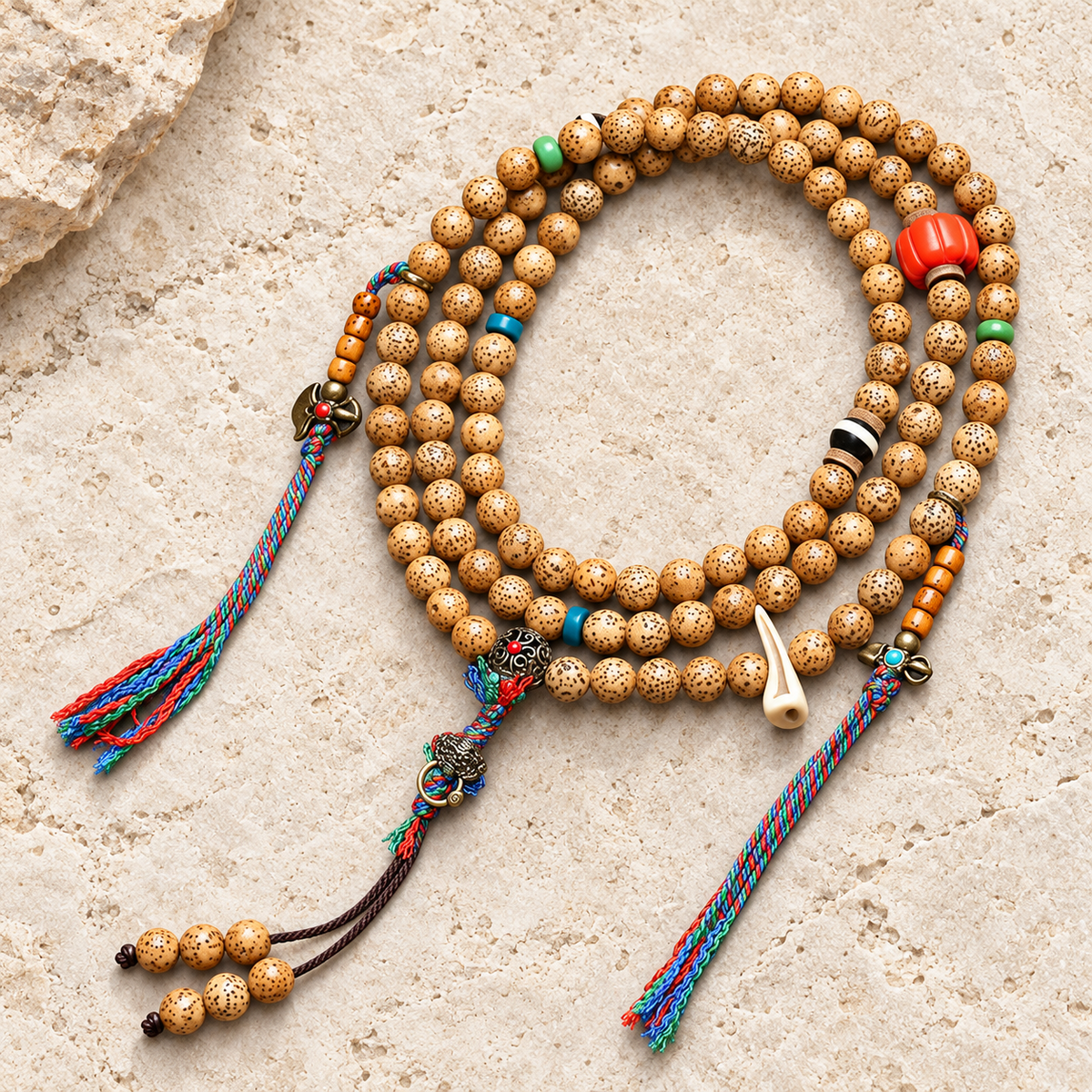 Mala 108 Bodhi Xingyue con coral y hueso yak
