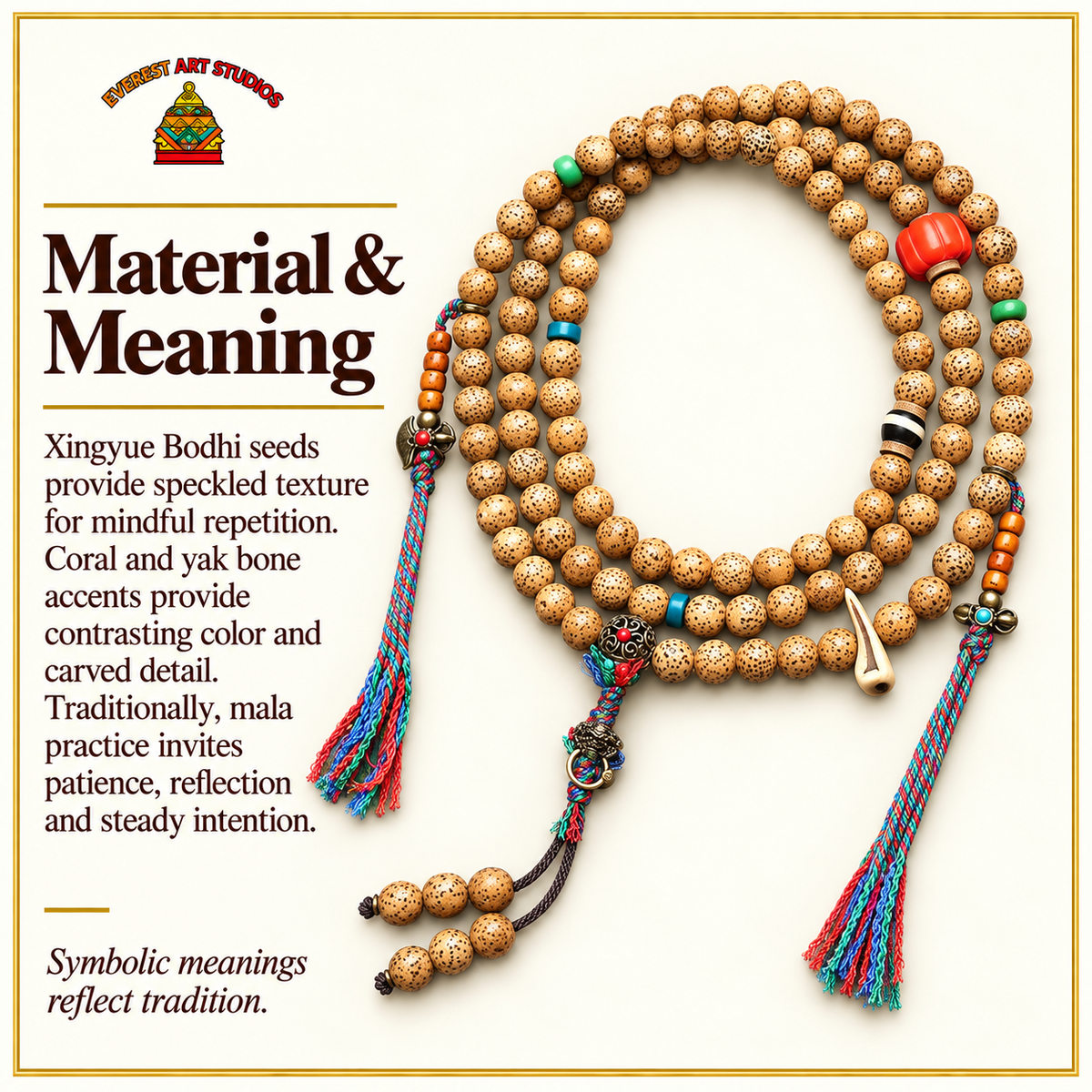 Mala 108 Bodhi Xingyue con coral y hueso yak – Material y simbolismo tradicional
