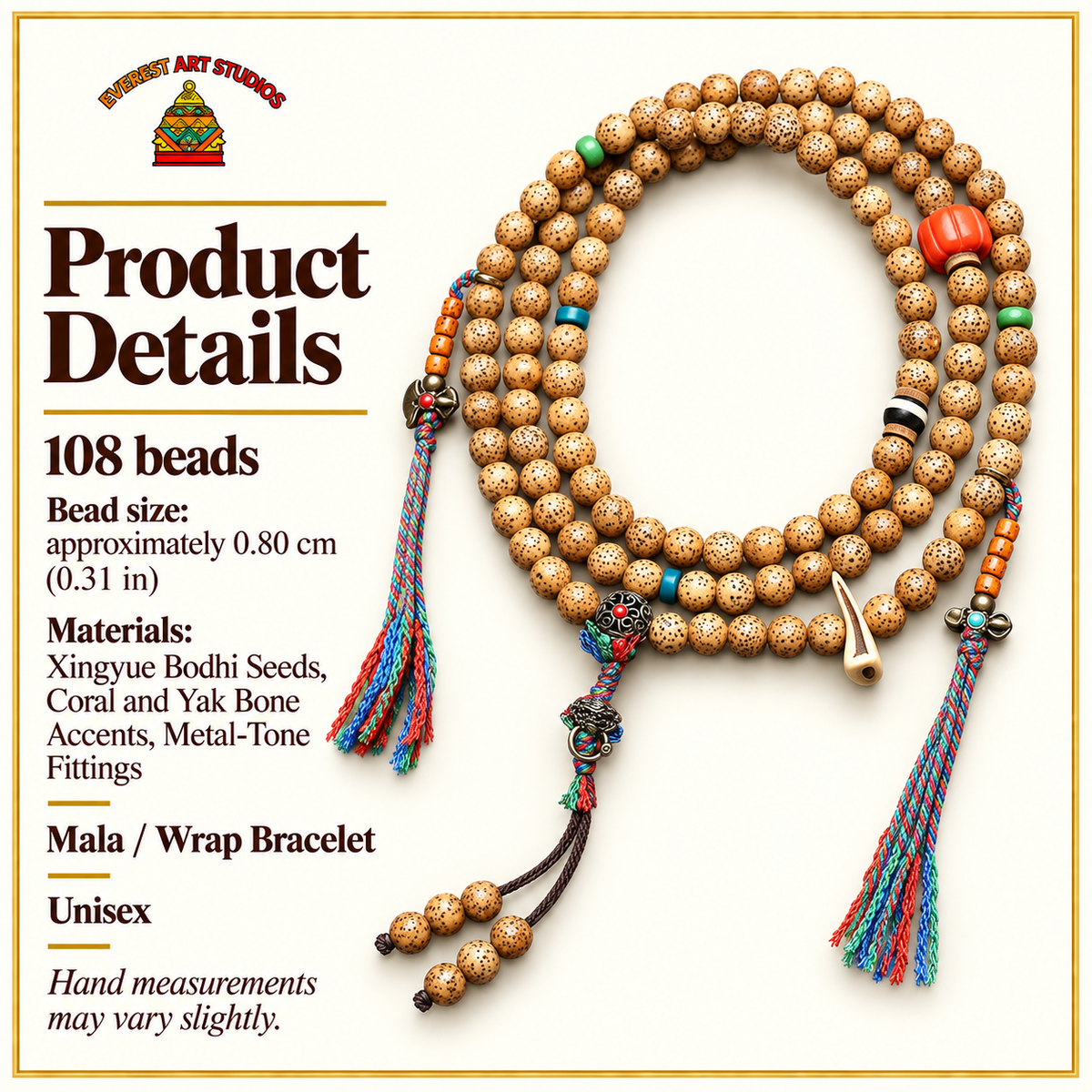 Mala 108 Bodhi Xingyue con coral y hueso yak