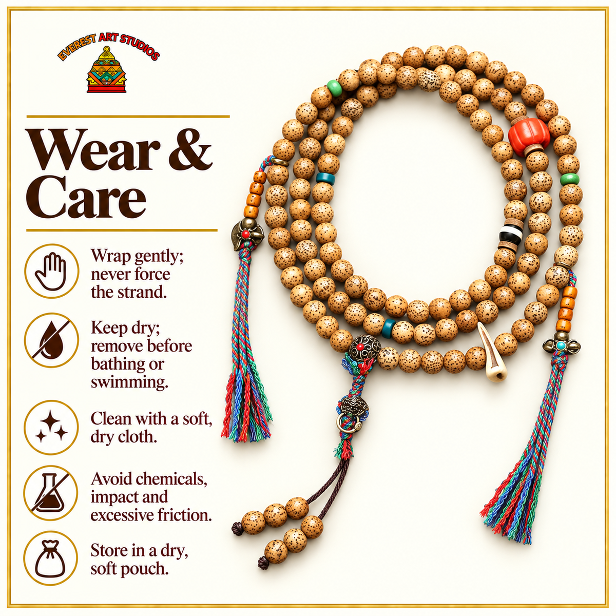 Mala 108 Bodhi Xingyue con coral y hueso yak – Consejos de cuidado