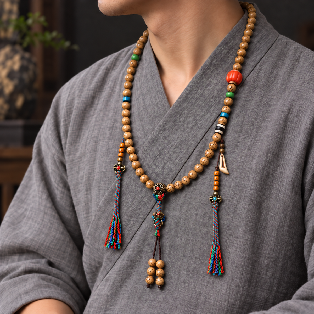 Mala 108 Bodhi Xingyue con coral y hueso yak