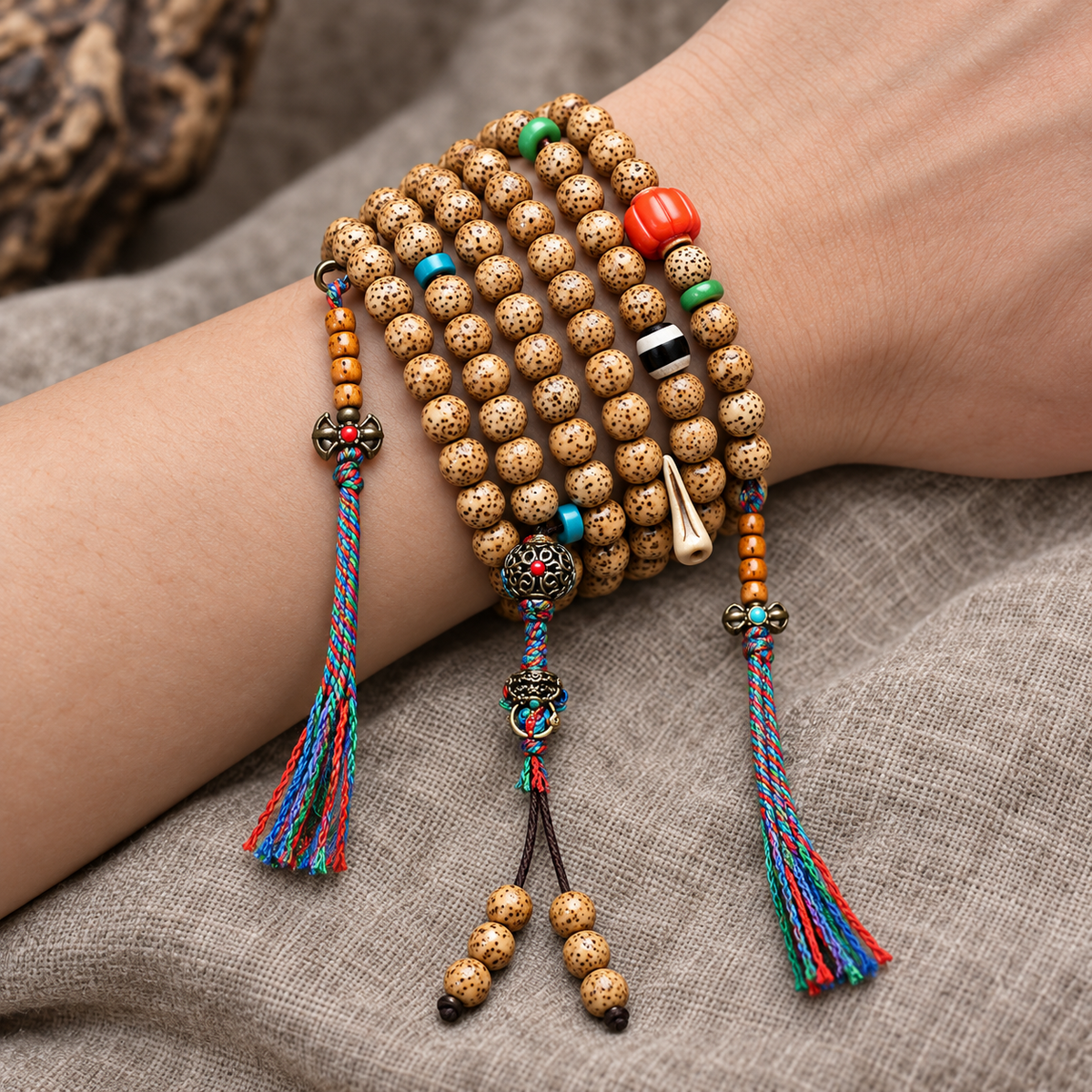 Mala 108 Bodhi Xingyue con coral y hueso yak