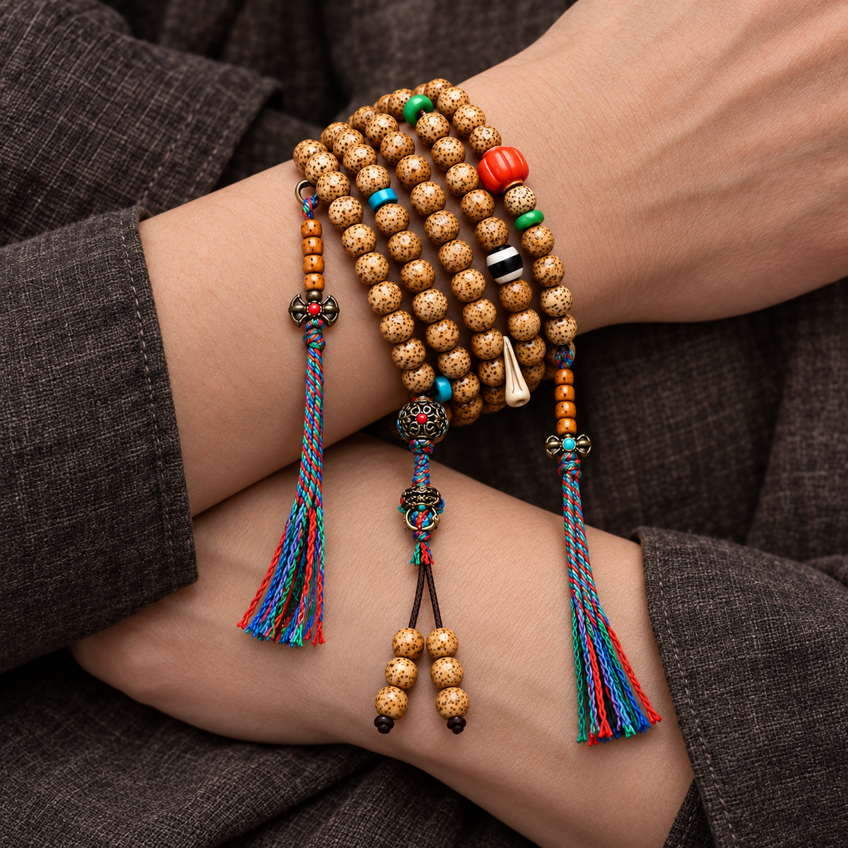 Mala 108 Bodhi Xingyue con coral y hueso yak