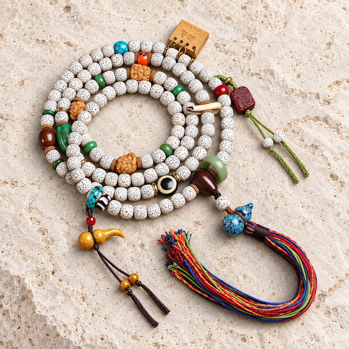 EverestArtstudios Xingyue Bodhi 108-Bead Mala Necklace with Tassel Accents — overall display