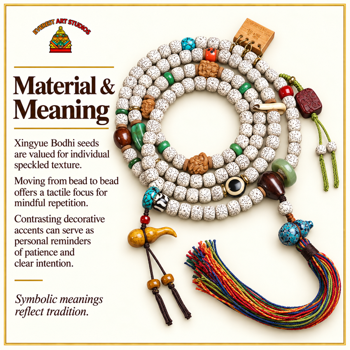 EverestArtstudios Xingyue-Bodhi-Mala, 108 Tonnenperlen/Quasten – Material und traditionelle Symbolik