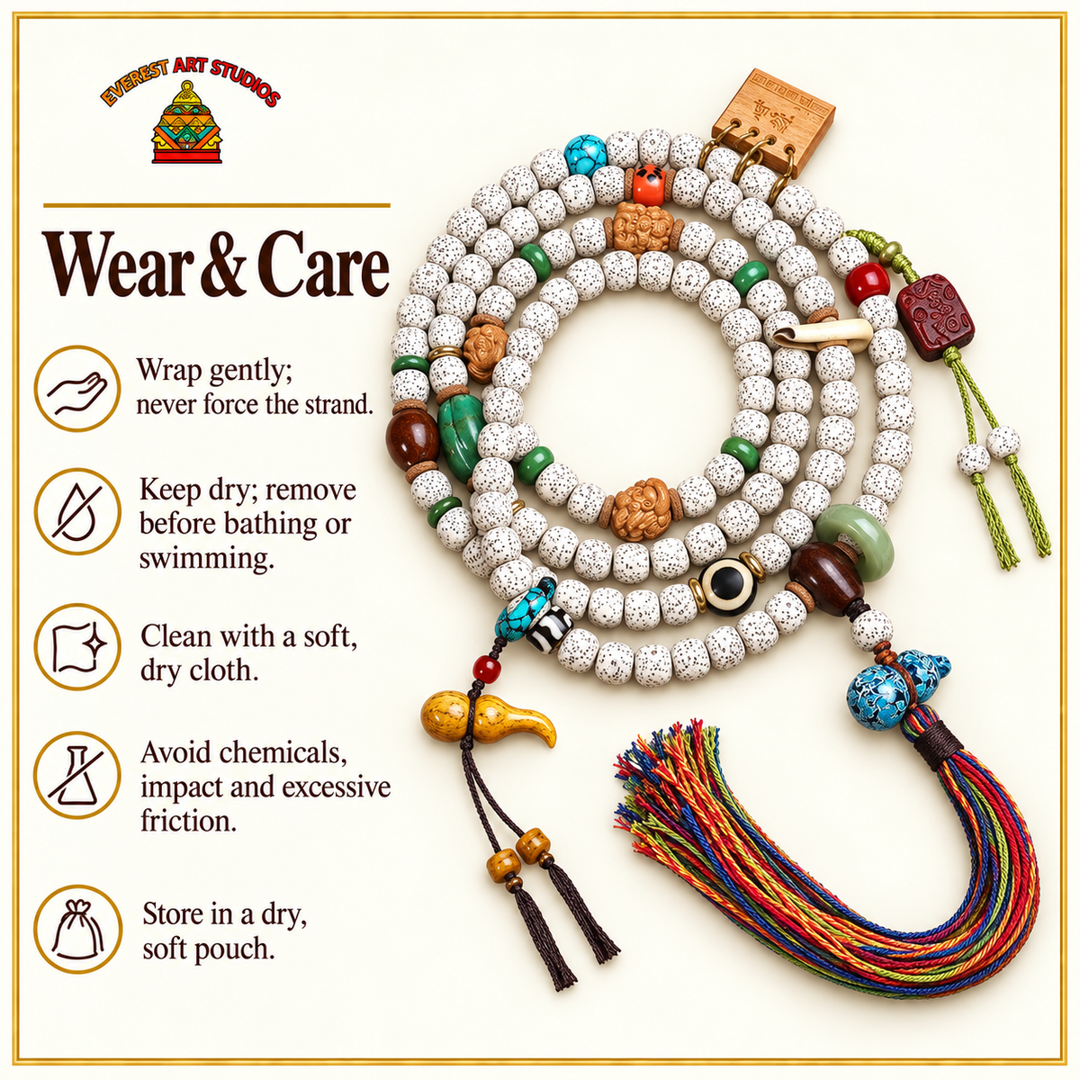 EverestArtstudios Xingyue-Bodhi-Mala, 108 Tonnenperlen/Quasten – Pflegehinweise