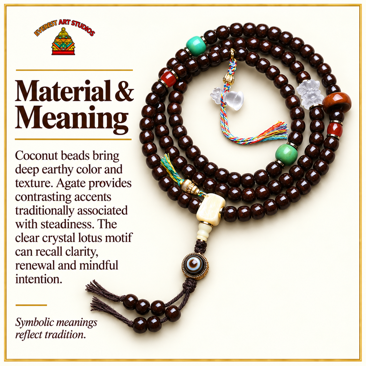 EverestArtstudios Kokos-Tonnenperlen-Mala, Achat/Kristall-Lotus – Material und traditionelle Symbolik