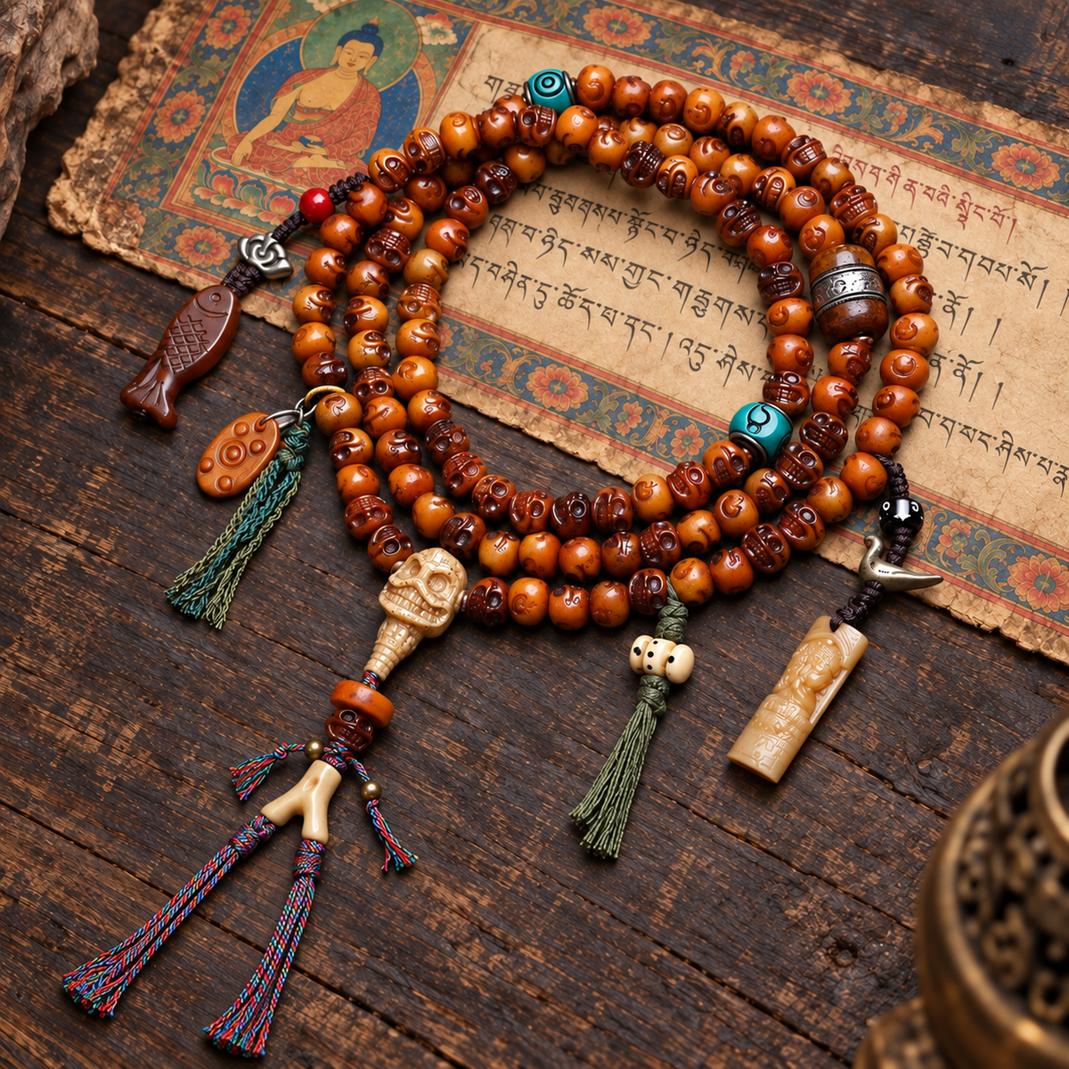 EverestArtstudios Carved Camel Bone 108-Bead Mala with Yak Bone and Agate Accents — full product