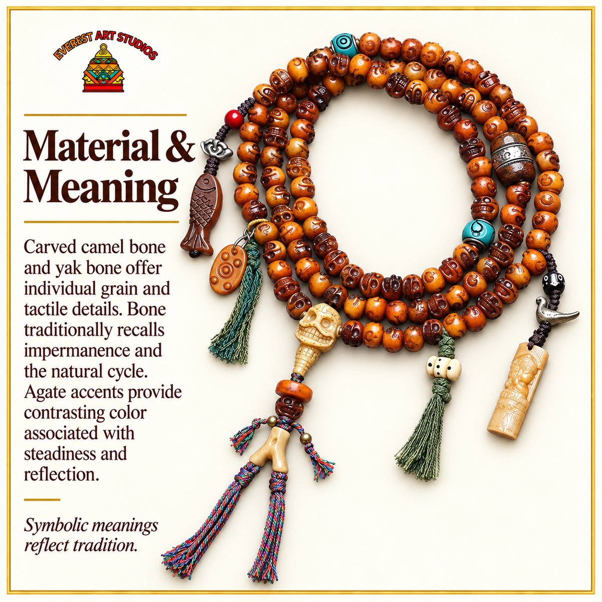 EverestArtstudios Kamelknochen-Schnitzmala, Yakknochen/Achat – Material und traditionelle Symbolik