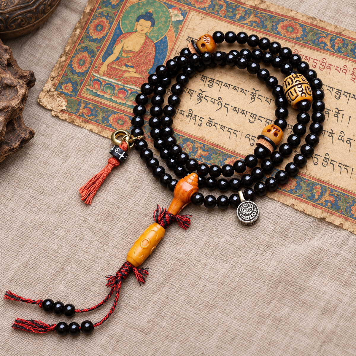 EverestArtstudios Coconut 108-Bead Mala with Three-Eye Dzi-Style and Bone Accents — full product
