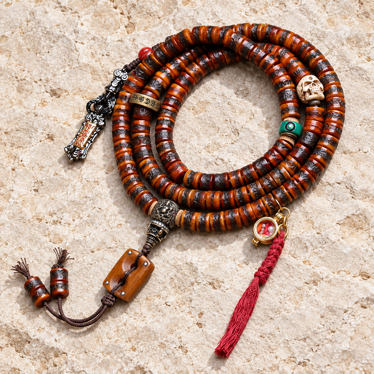 EverestArtstudios Yak Bone 108-Bead Mala with Wealth Deity and Mantra Motifs — overall display