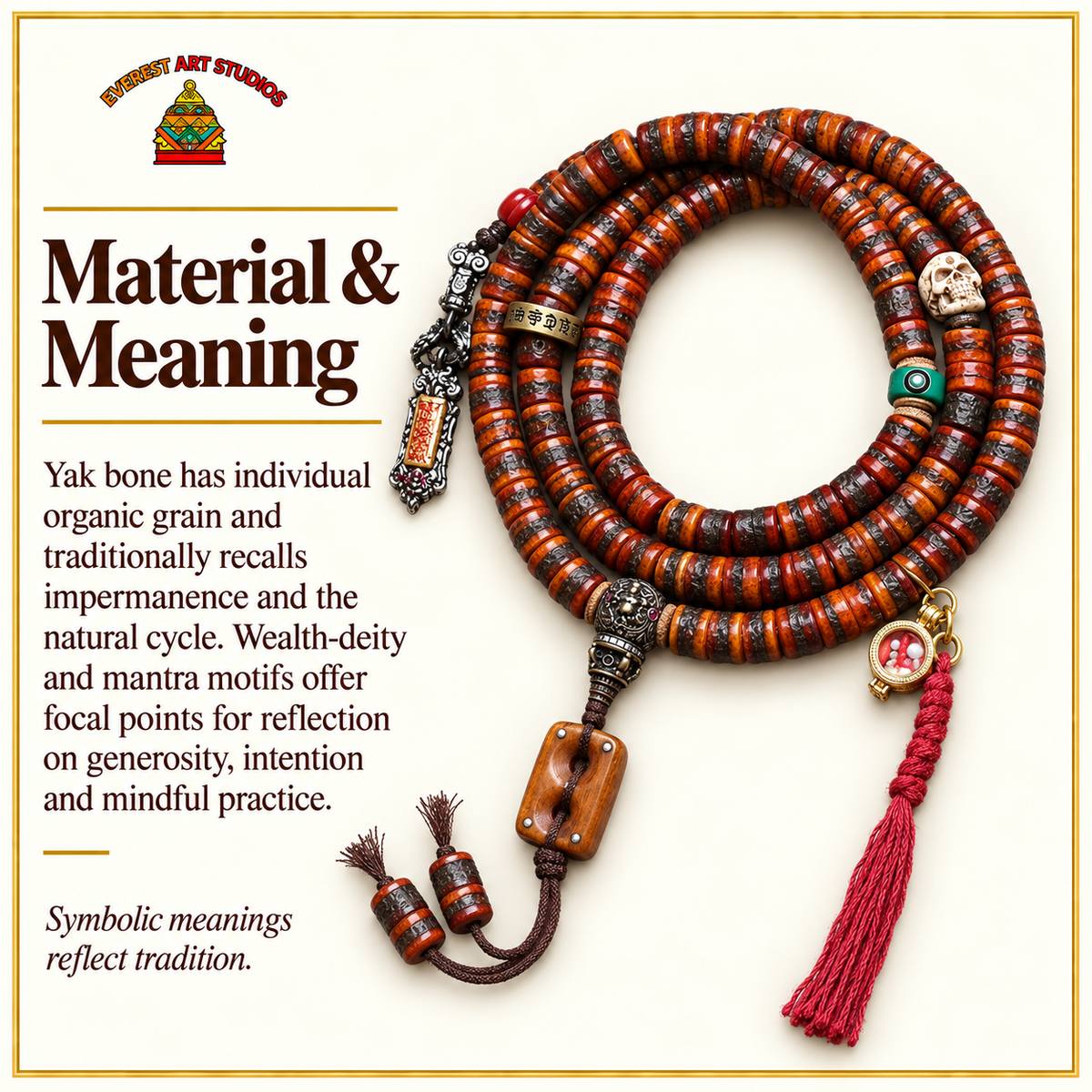 EverestArtstudios Yakknochen-Mala, Wohlstandsgott/Mantra – Material und traditionelle Symbolik