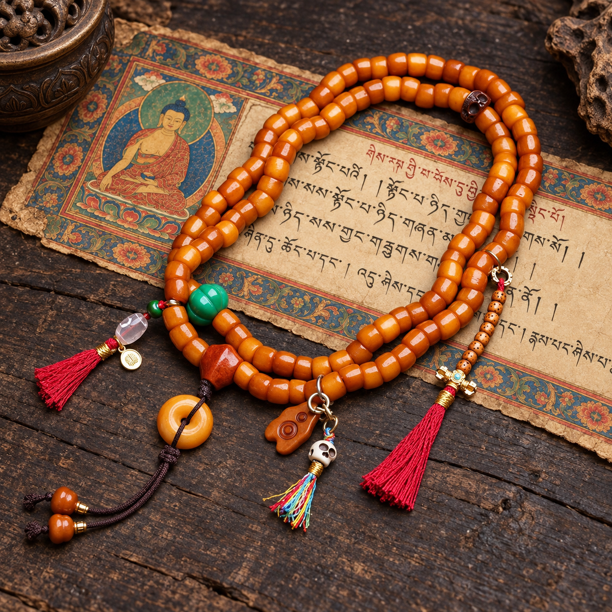 EverestArtstudios Knochen-Mala, 108 Perlen, Achat/Schutzring