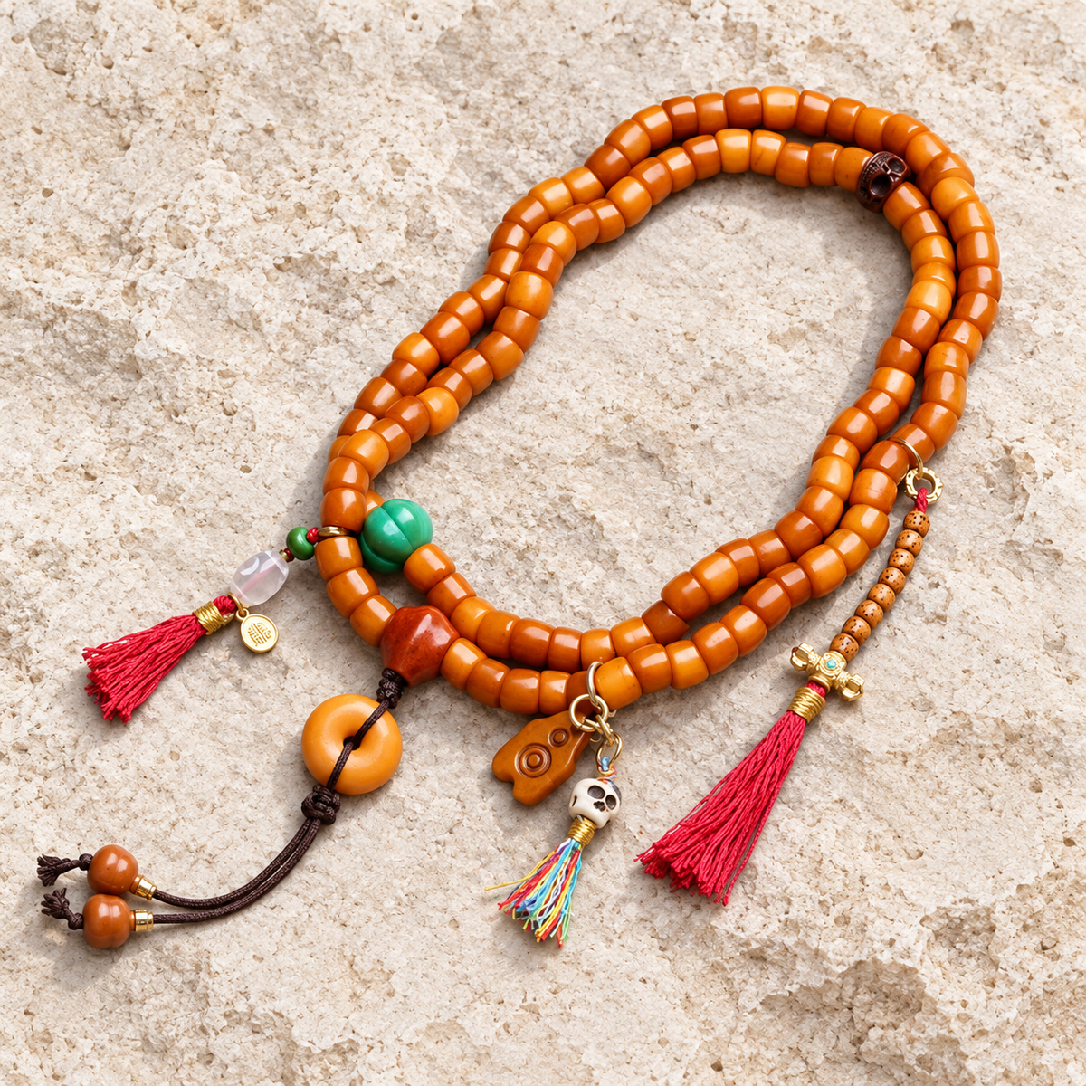 EverestArtstudios Knochen-Mala, 108 Perlen, Achat/Schutzring