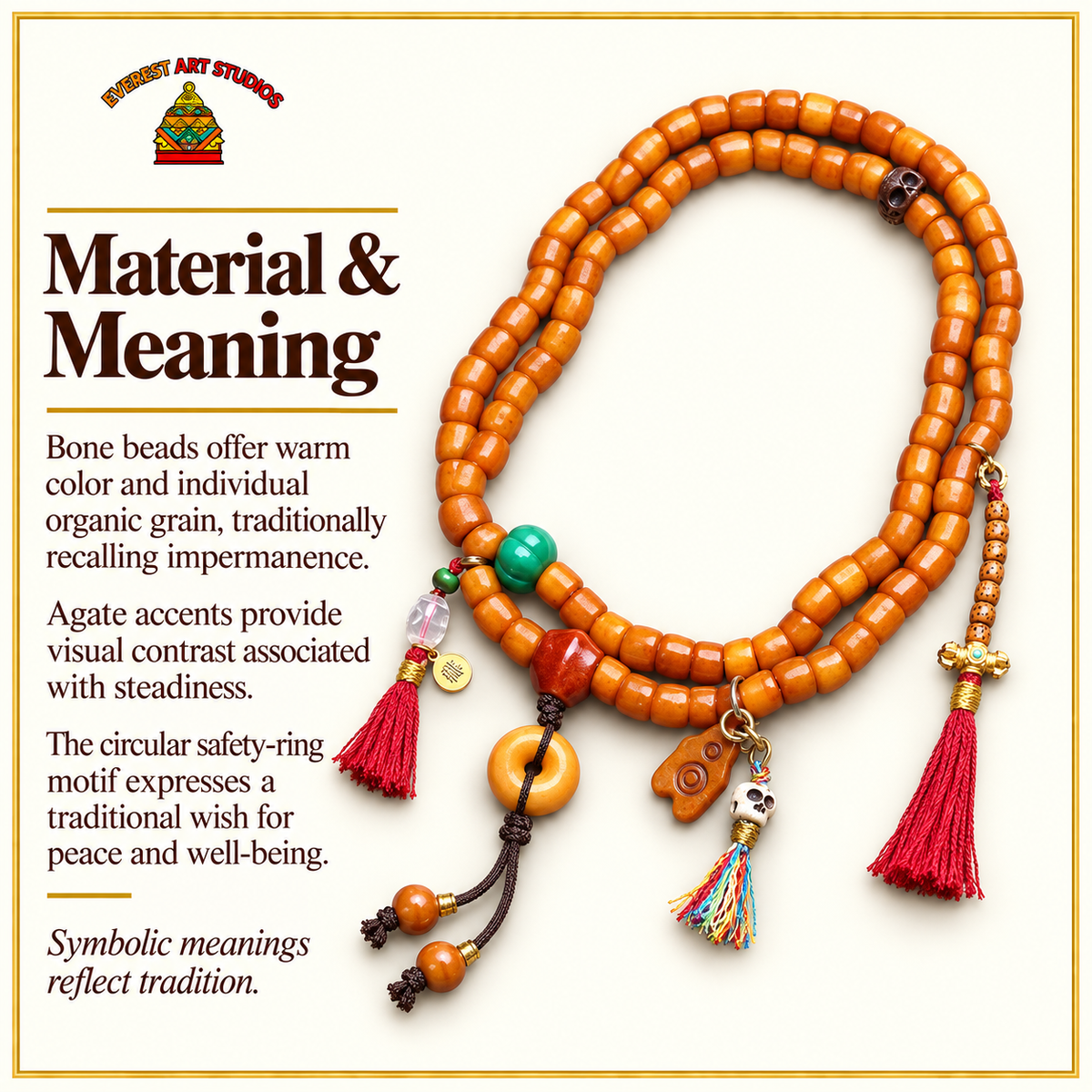 EverestArtstudios Knochen-Mala, 108 Perlen, Achat/Schutzring – Material und traditionelle Symbolik
