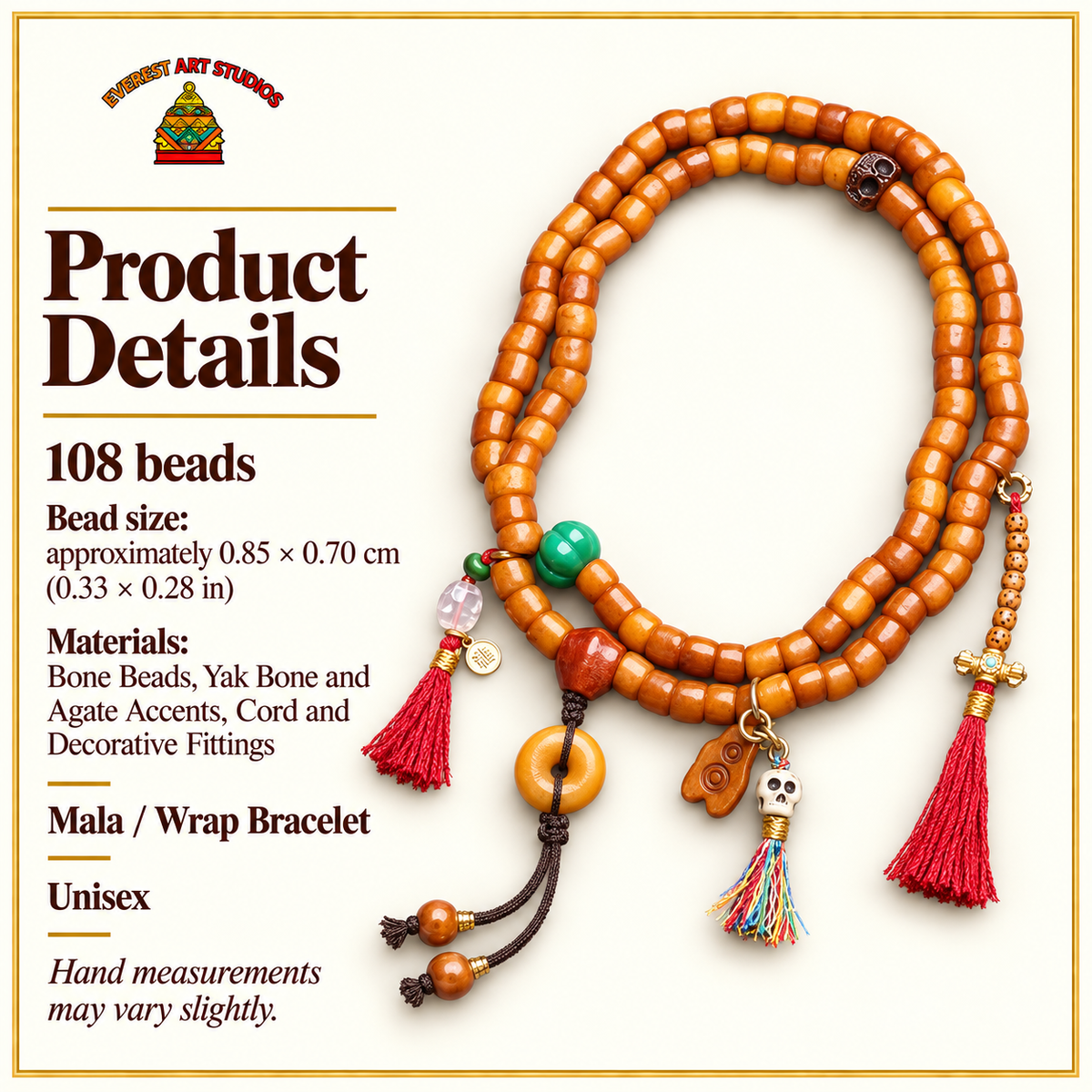 EverestArtstudios Knochen-Mala, 108 Perlen, Achat/Schutzring
