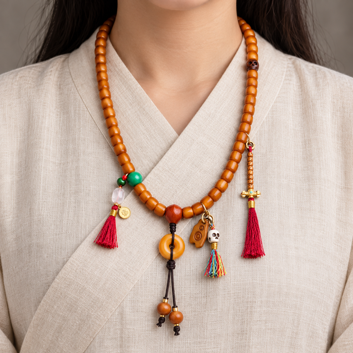 EverestArtstudios Knochen-Mala, 108 Perlen, Achat/Schutzring