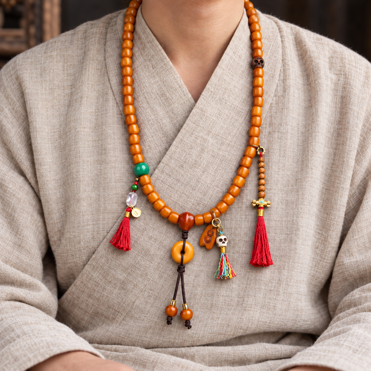 EverestArtstudios Knochen-Mala, 108 Perlen, Achat/Schutzring