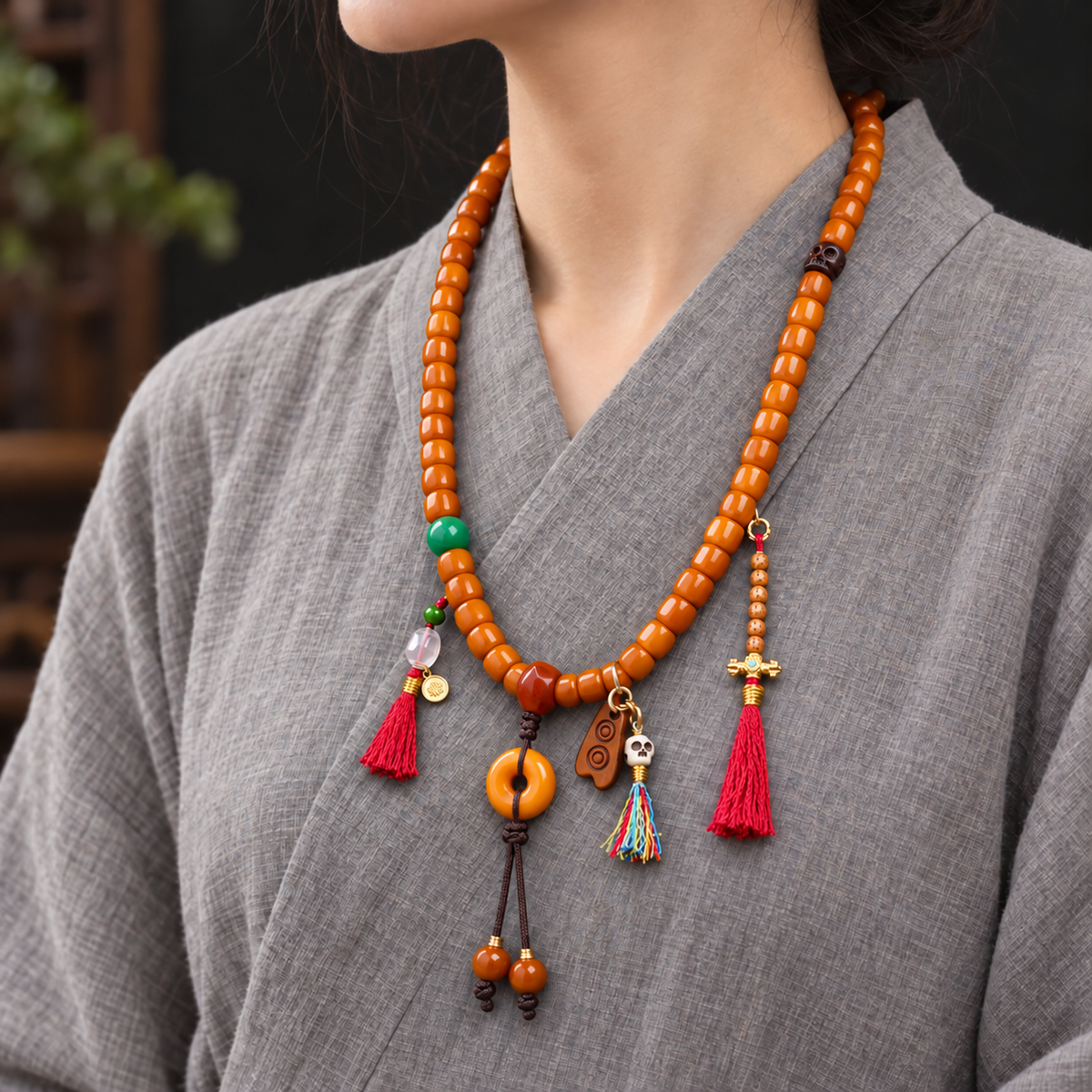 EverestArtstudios Knochen-Mala, 108 Perlen, Achat/Schutzring