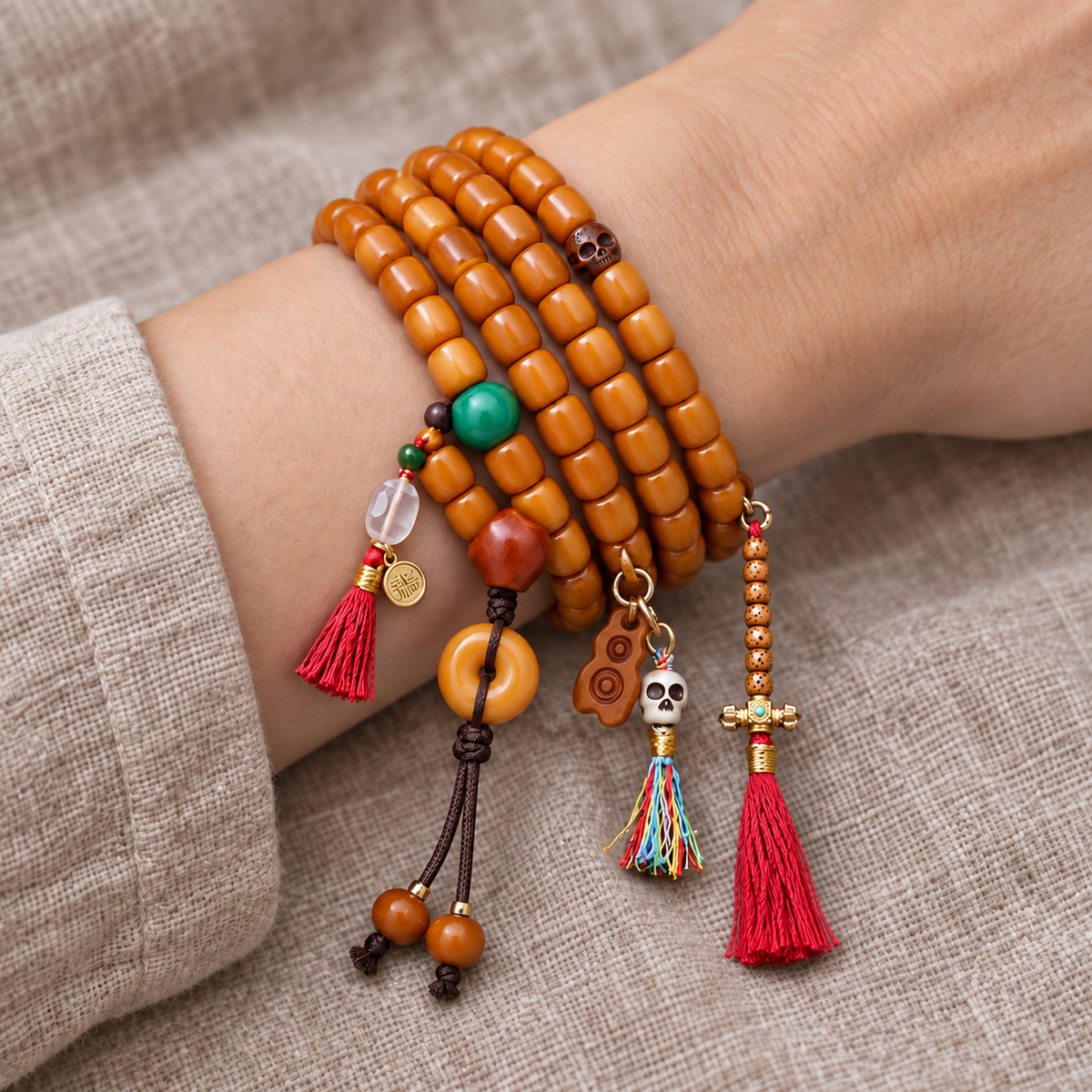 EverestArtstudios Knochen-Mala, 108 Perlen, Achat/Schutzring