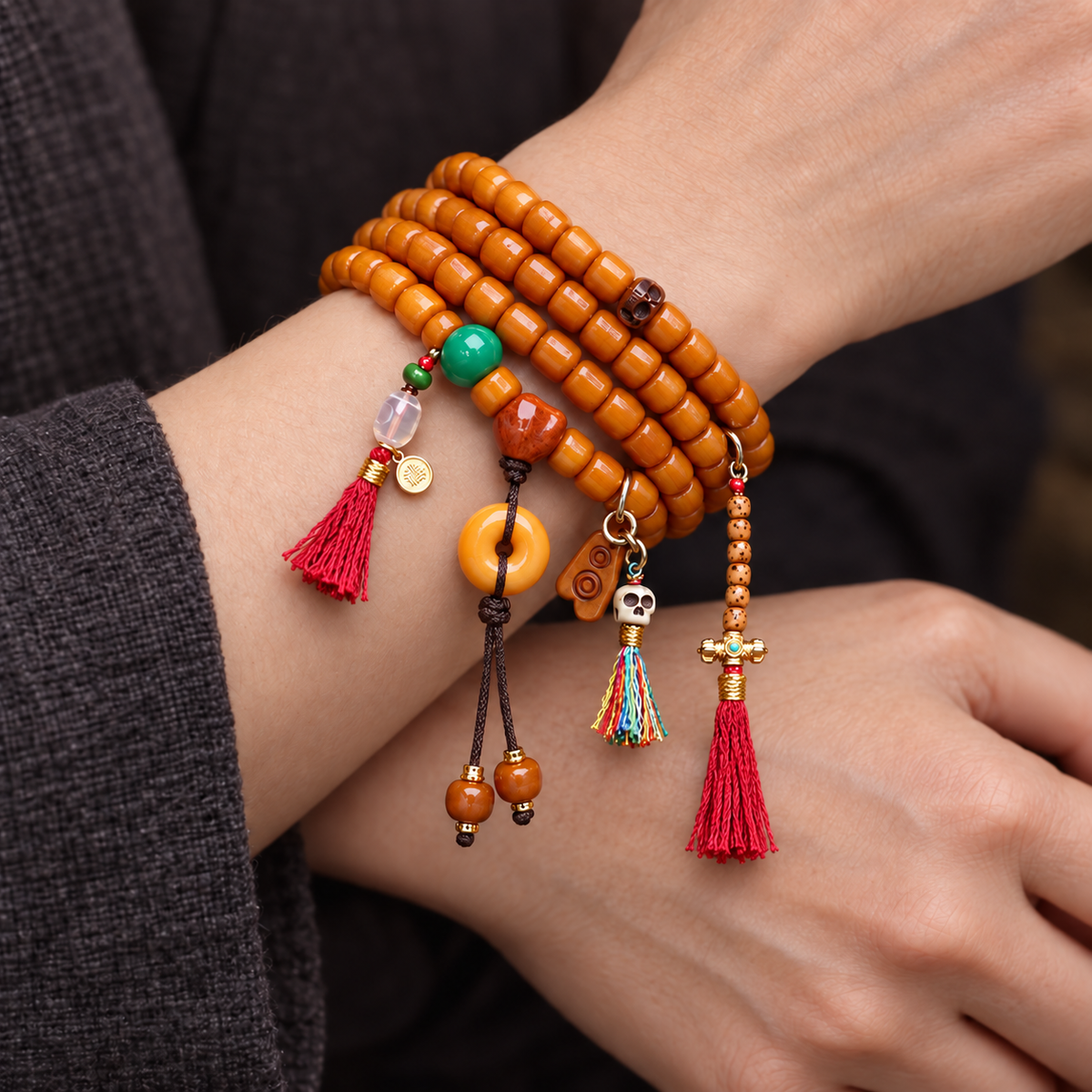 EverestArtstudios Knochen-Mala, 108 Perlen, Achat/Schutzring