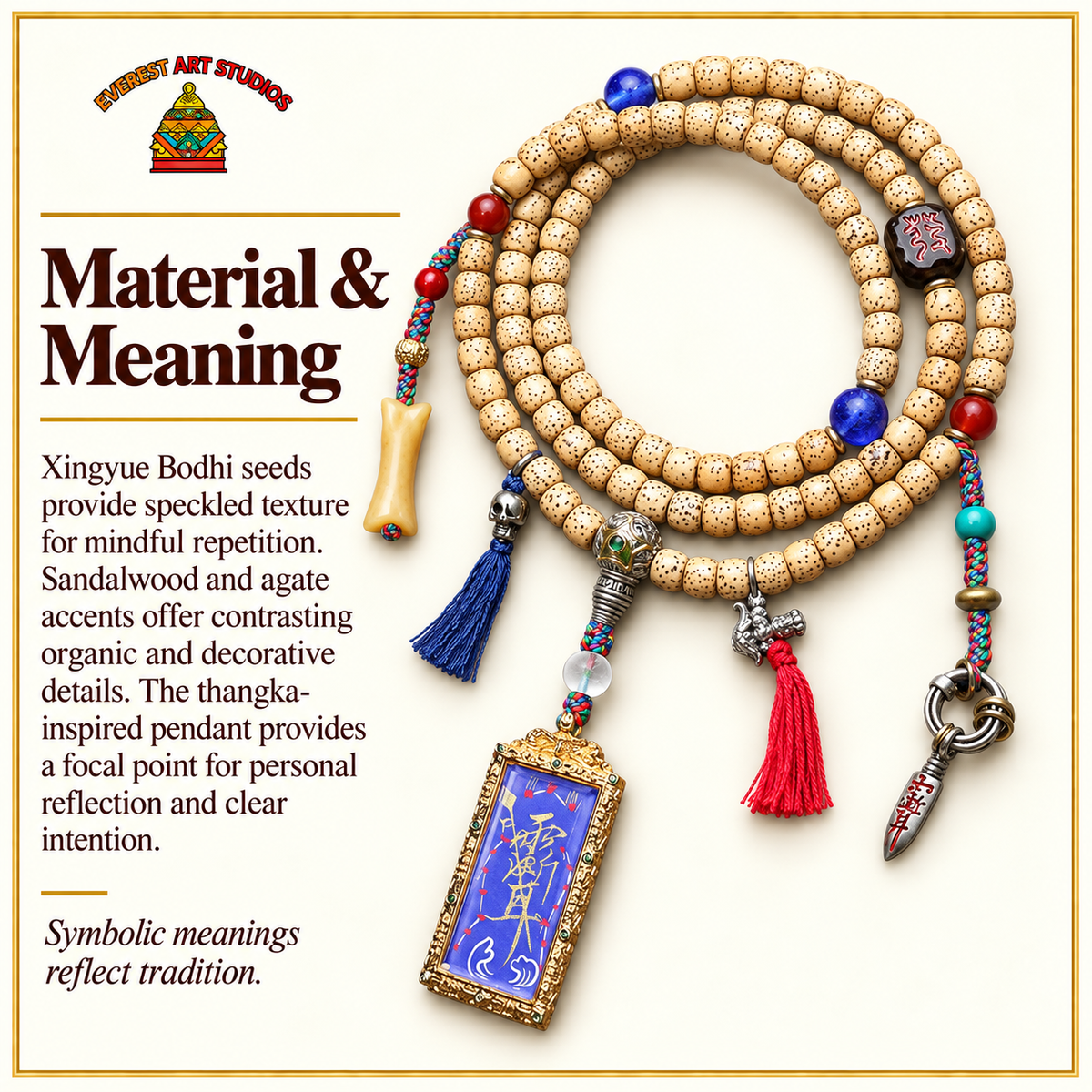 EverestArtstudios Xingyue-Bodhi-Mala, Thangka/Sandelholz – Material und traditionelle Symbolik
