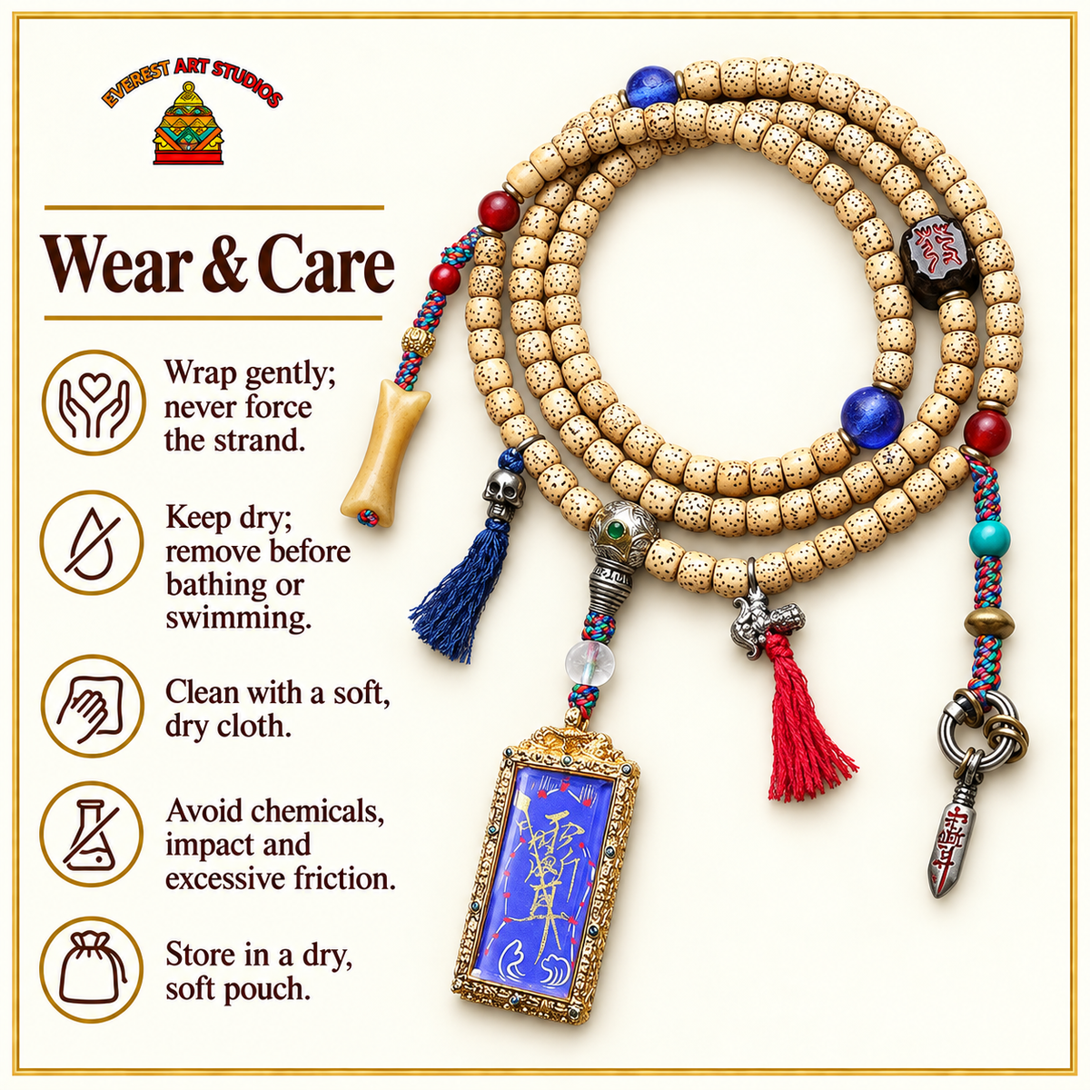 EverestArtstudios Xingyue-Bodhi-Mala, Thangka/Sandelholz – Pflegehinweise
