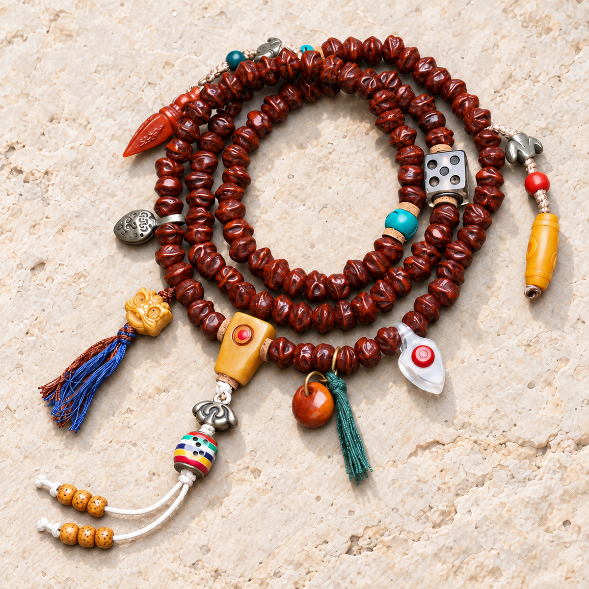 EverestArtstudios Bodhi Seed 108-Bead Mala with Dzi-Style and Vajra Motif Accents — overall display