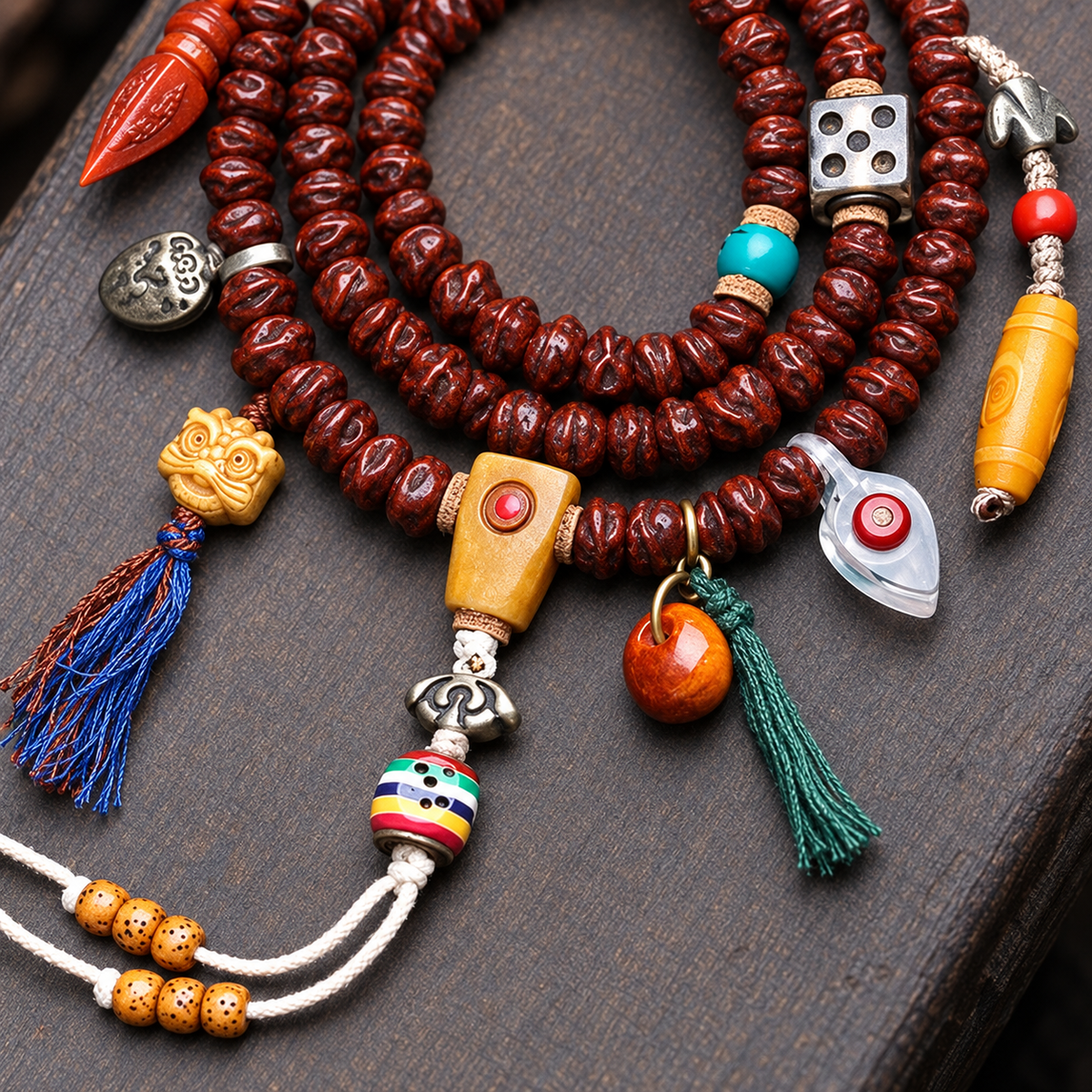 Mala de 108 cuentas de semillas Bodhi con estilo Dzi y motivo Vajra