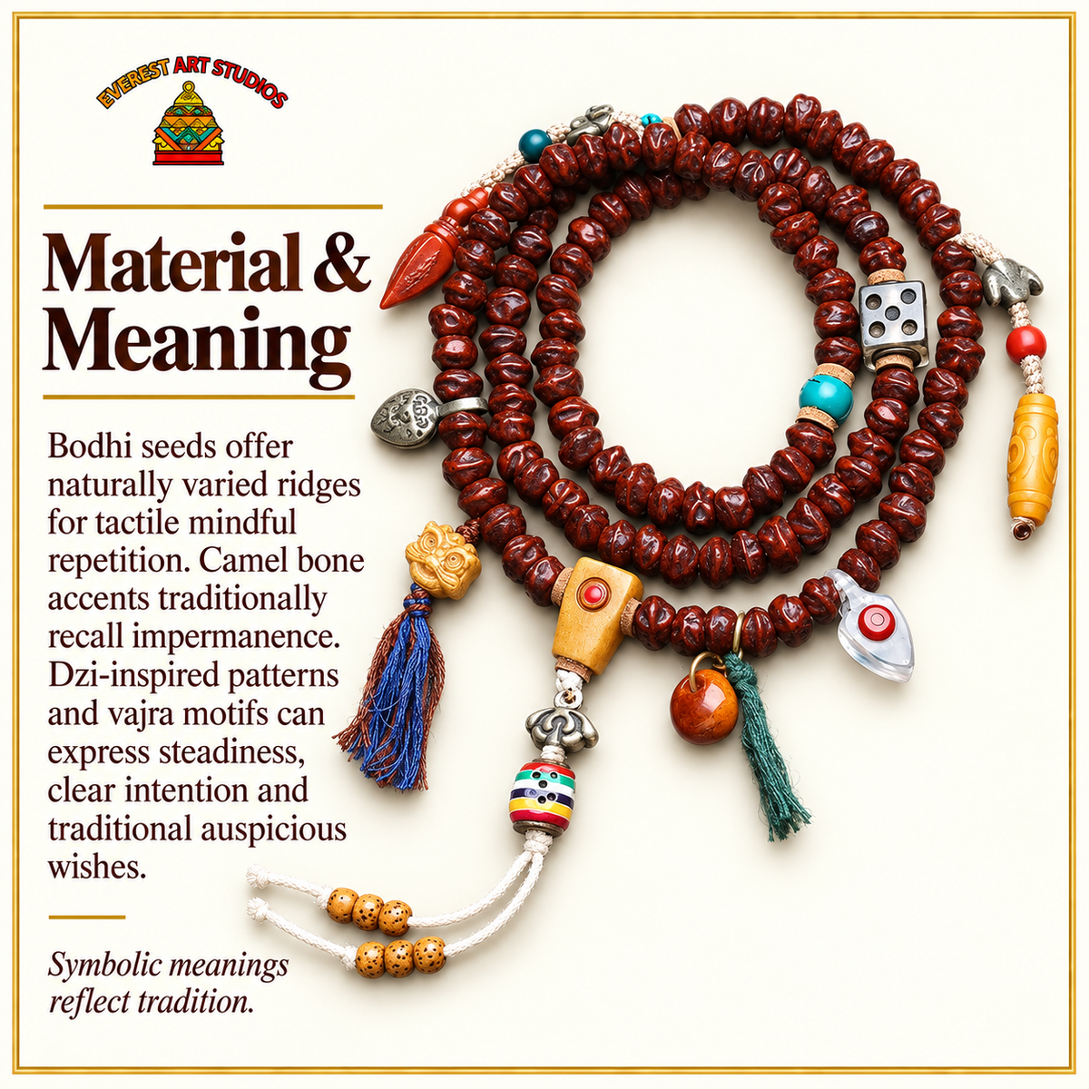 Mala de 108 cuentas de semillas Bodhi con estilo Dzi y motivo Vajra – Material y simbolismo tradicional