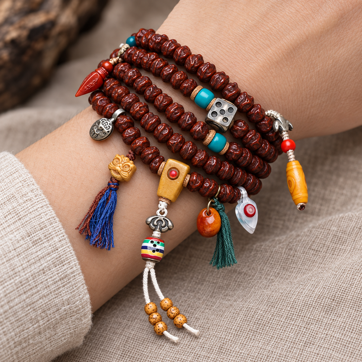 Mala de 108 cuentas de semillas Bodhi con estilo Dzi y motivo Vajra
