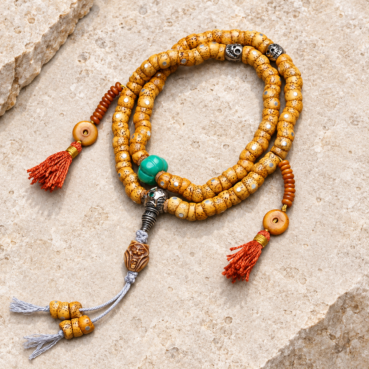 EverestArtstudios Textured Xingyue Bodhi 108-Bead Mala with Bone Accents — overall display