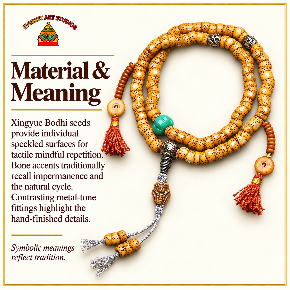 EverestArtstudios Xingyue-Bodhi-Mala, 108 Perlen, Knochen – Material und traditionelle Symbolik