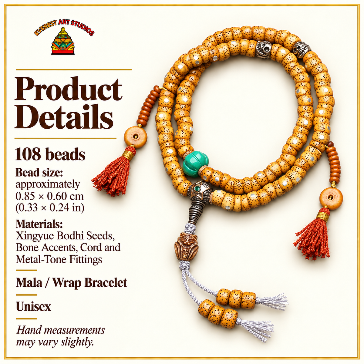 EverestArtstudios Xingyue-Bodhi-Mala, 108 Perlen, Knochen