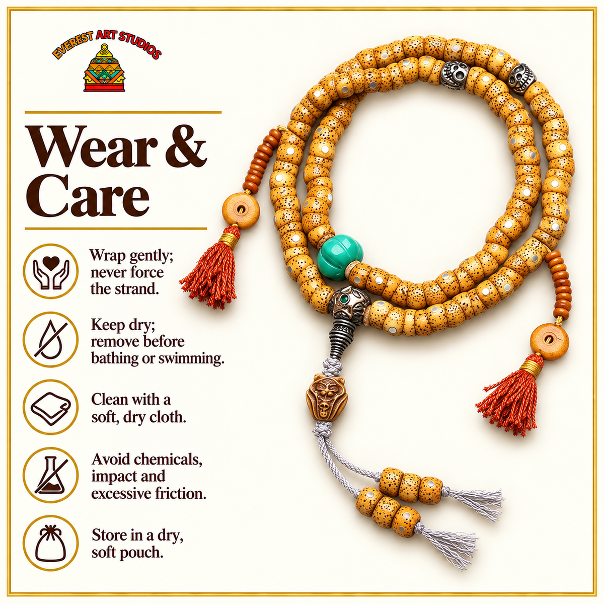 EverestArtstudios Xingyue-Bodhi-Mala, 108 Perlen, Knochen – Pflegehinweise