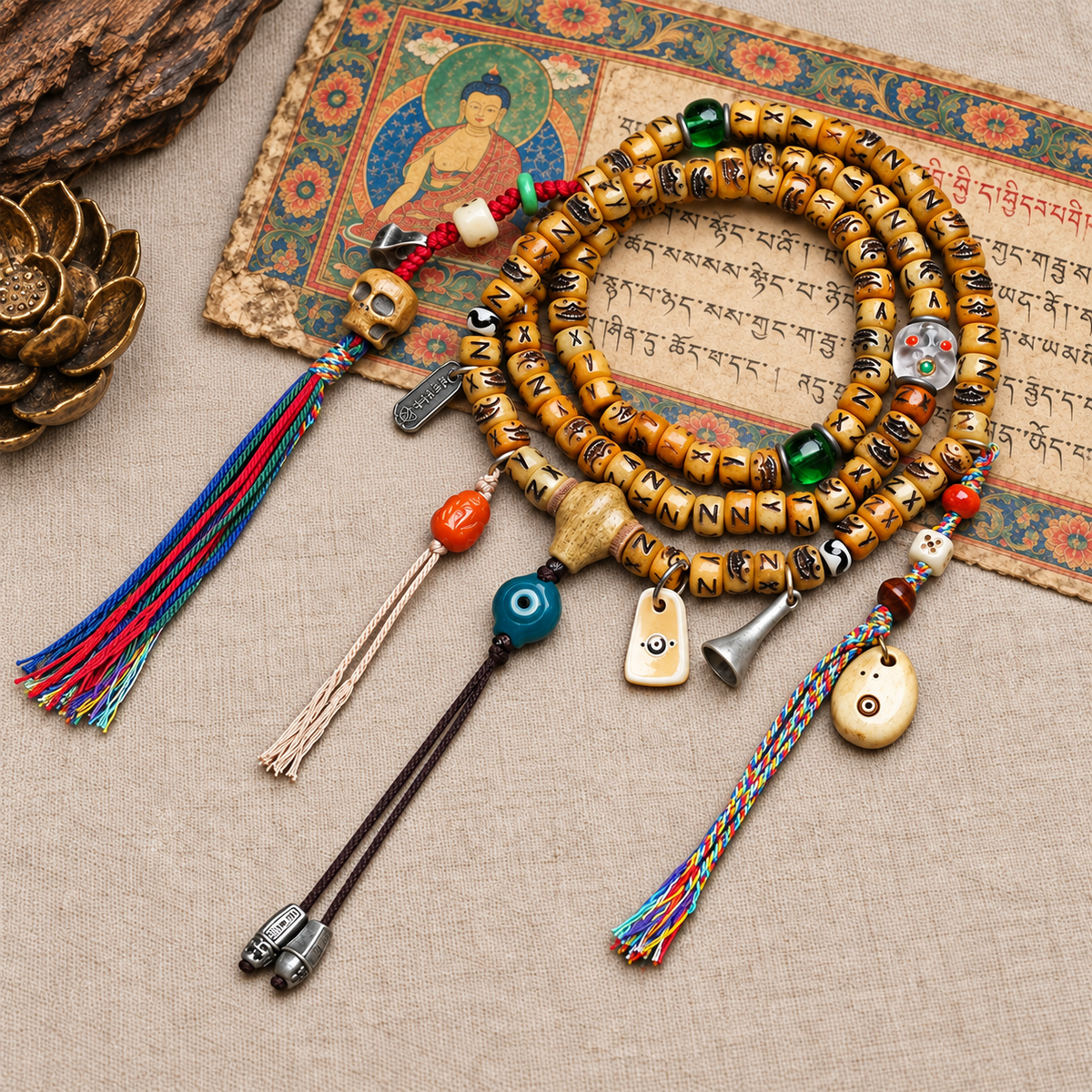 EverestArtstudios Carved Yak Bone 108-Bead Mala with Camel Bone, Glass and Agate Accents — full product