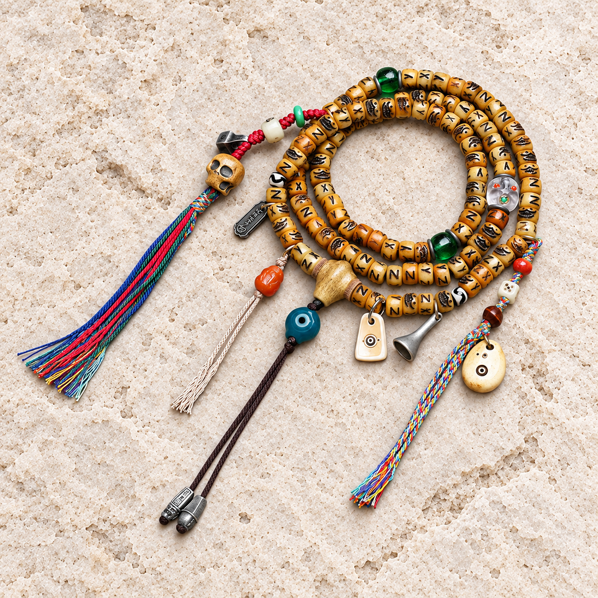 EverestArtstudios Carved Yak Bone 108-Bead Mala with Camel Bone, Glass and Agate Accents — overall display