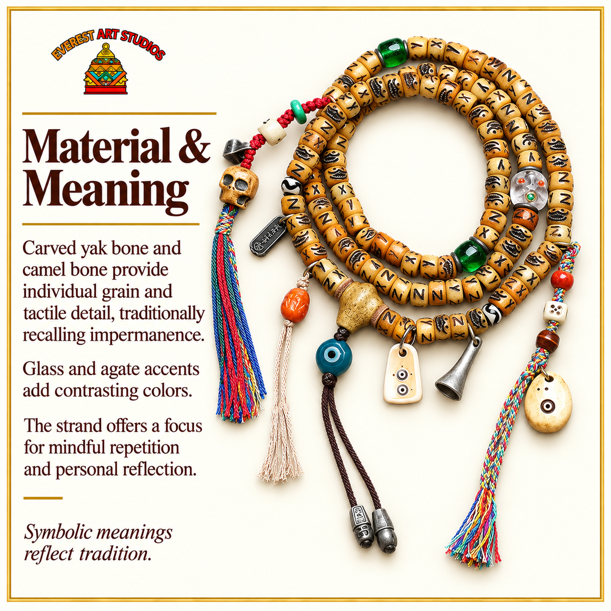 Mala 108 hueso yak tallado, camello, vidrio y ágata – Material y simbolismo tradicional