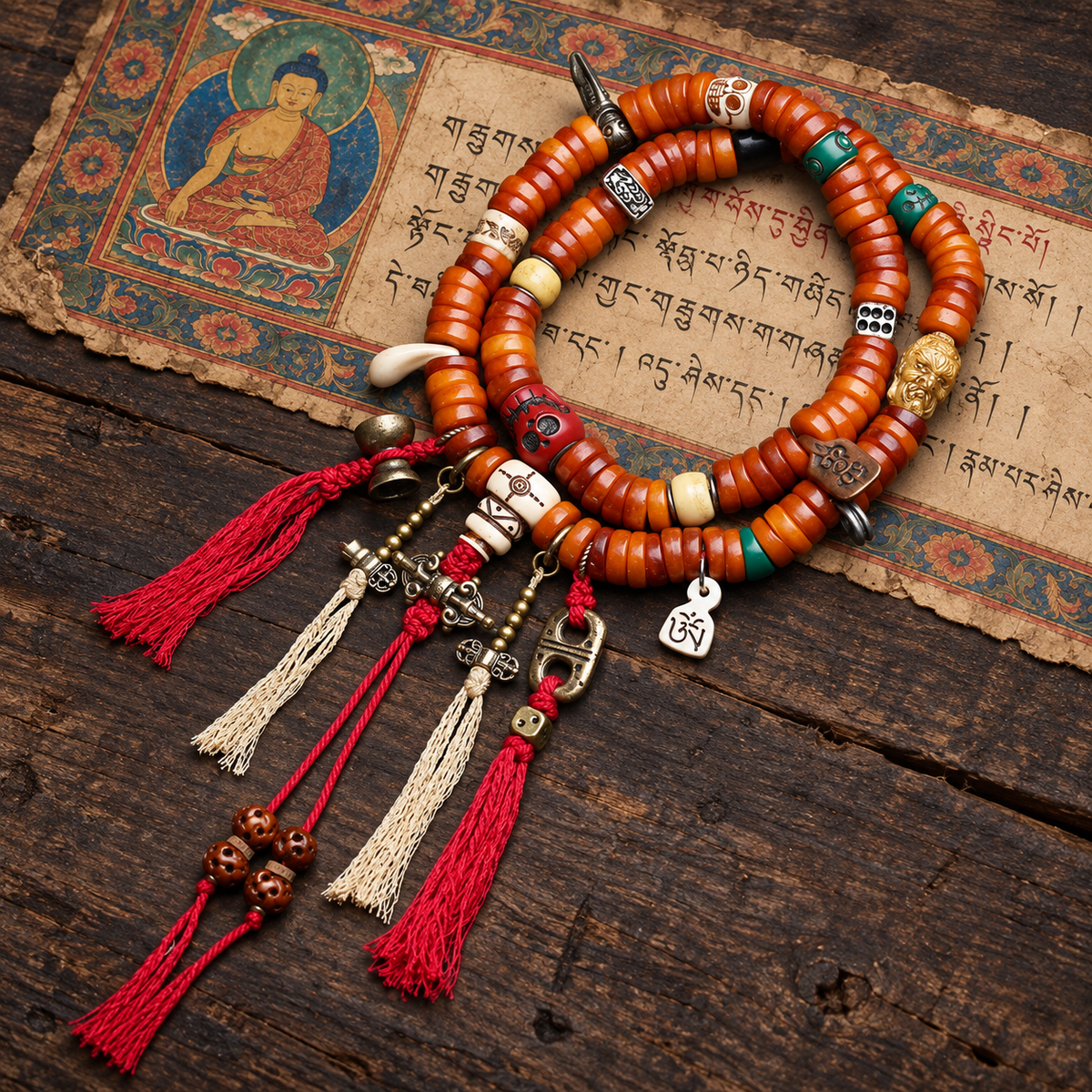 EverestArtstudios Knochen-Mala, 108 Perlen, Schnitzakzente