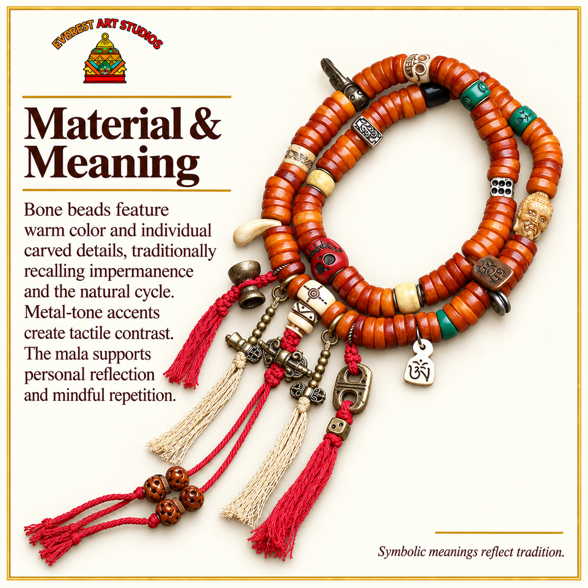 EverestArtstudios Knochen-Mala, 108 Perlen, Schnitzakzente – Material und traditionelle Symbolik