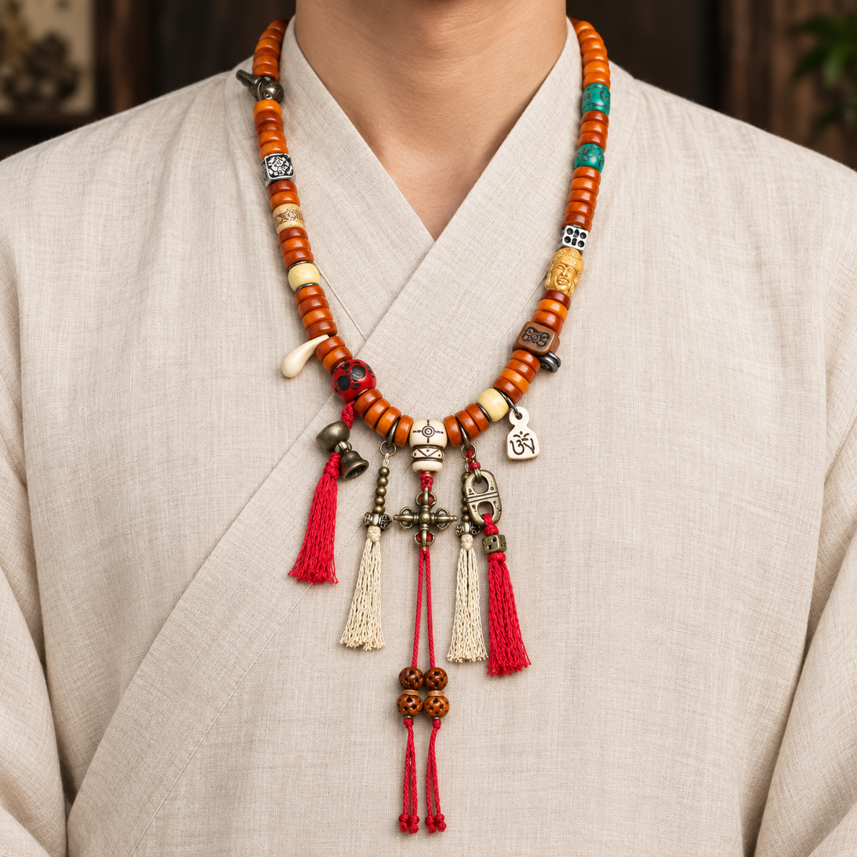 EverestArtstudios Knochen-Mala, 108 Perlen, Schnitzakzente