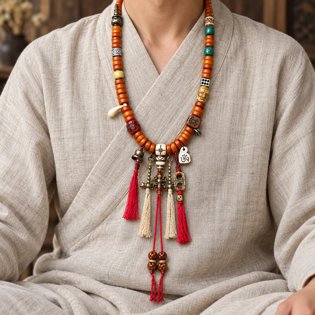 EverestArtstudios Knochen-Mala, 108 Perlen, Schnitzakzente