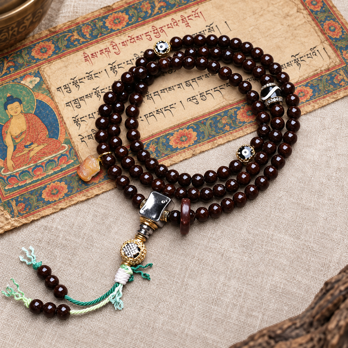 Mala 108 noix de coco agate incrustée