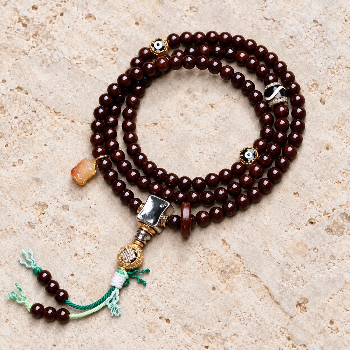 Mala 108 noix de coco agate incrustée