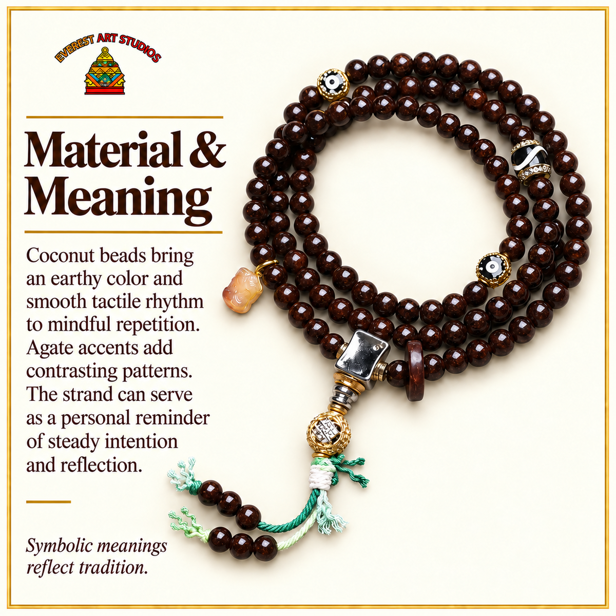 Mala 108 noix de coco agate incrustée – Matière et symbolique traditionnelle