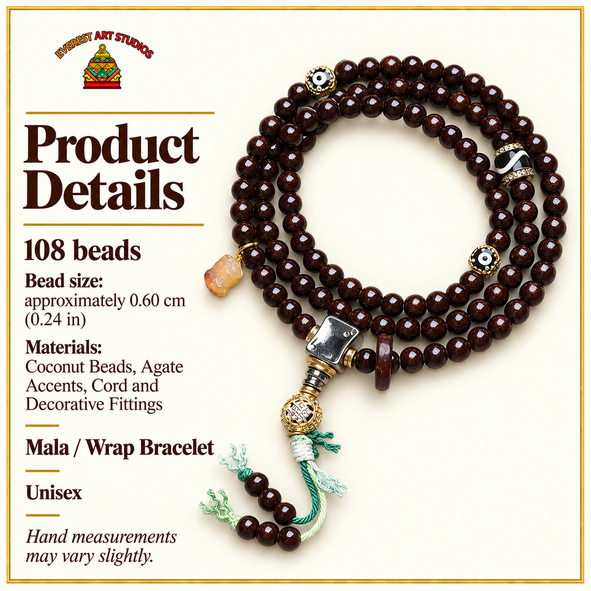 Mala 108 noix de coco agate incrustée